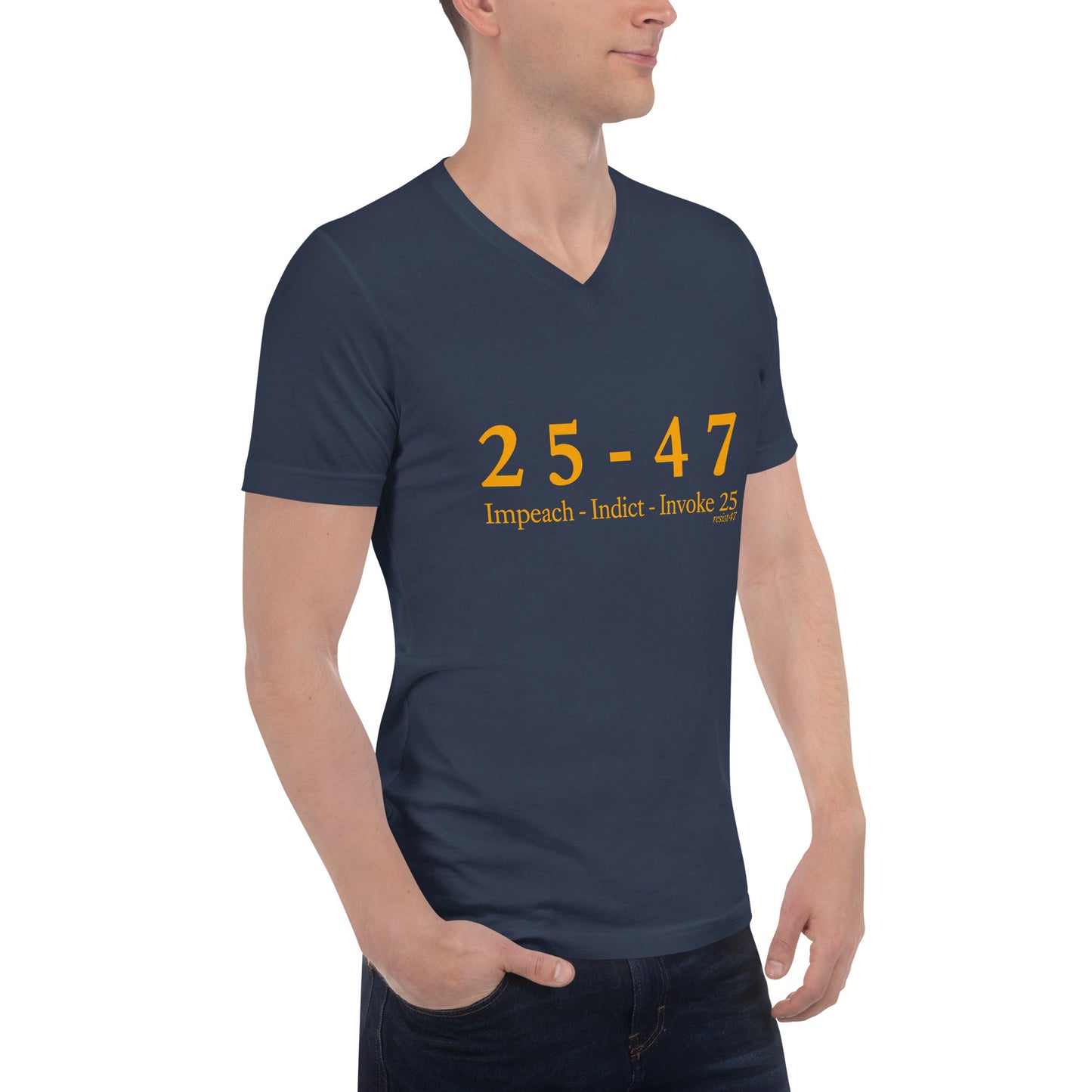 Black tee with “25-47 V-Neck Protest” graphic, front view