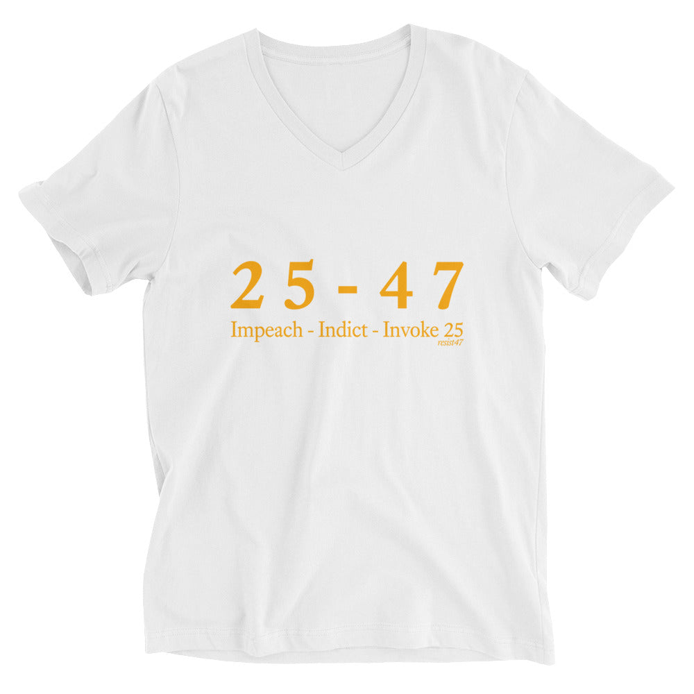 Navy tee with “25-47 V-Neck Protest” graphic, front view