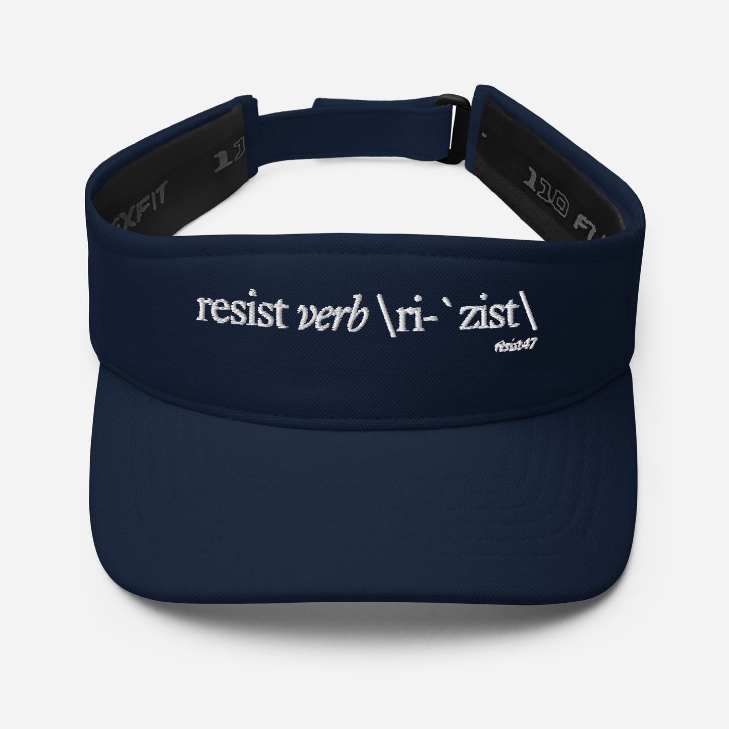 Red visor with “Resist Definition” graphic, front view