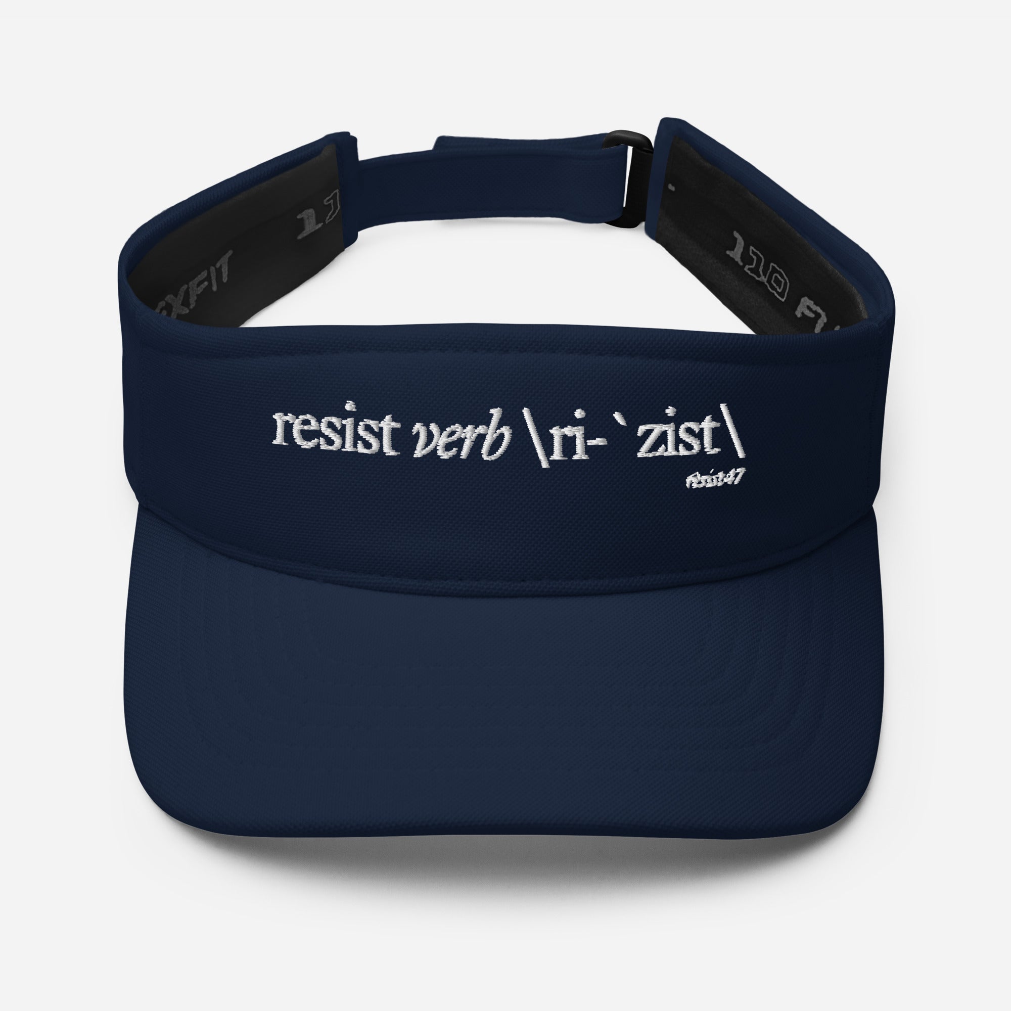 Red visor with “Resist Definition” graphic, front view