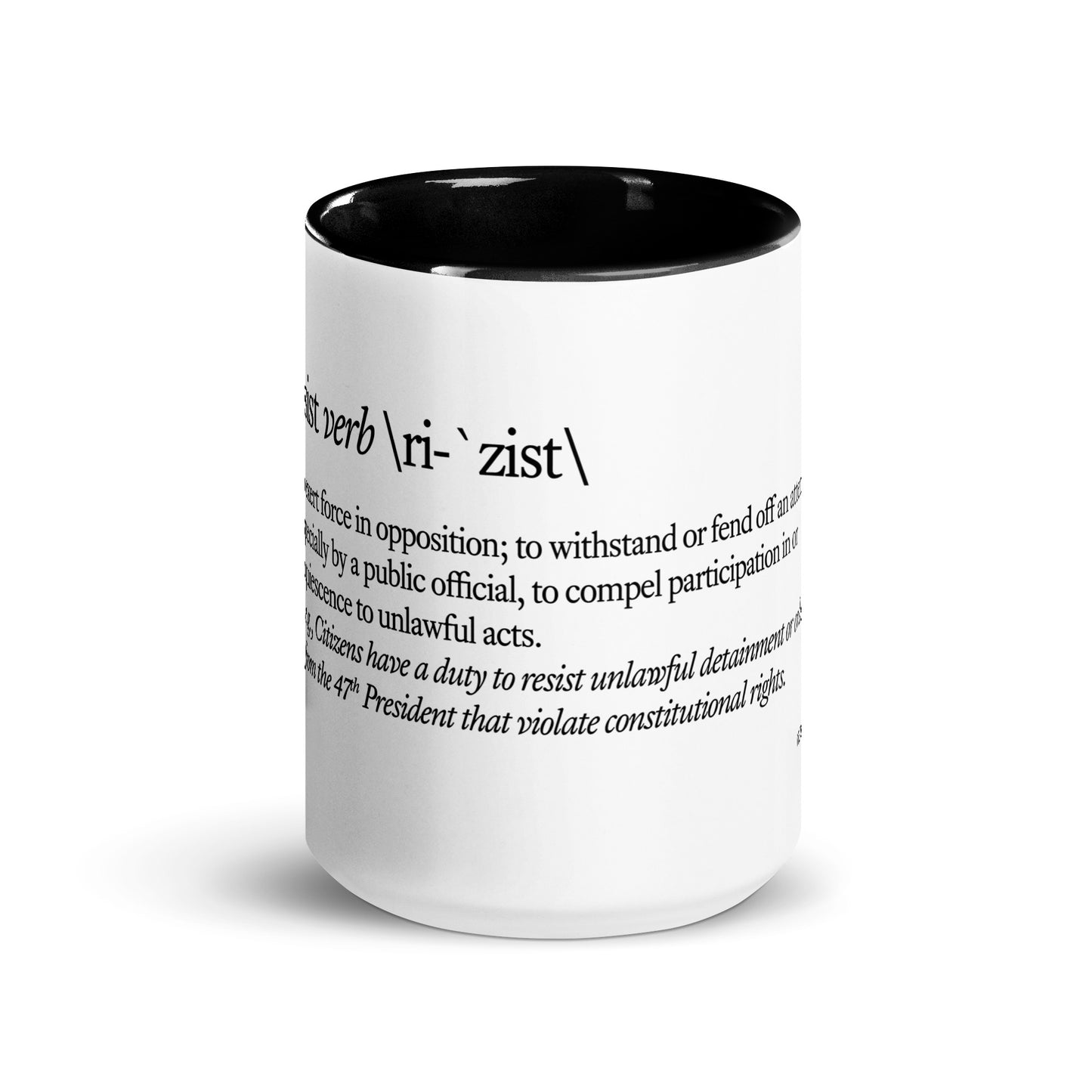 Black mug with “Resist Definition” graphic, front view