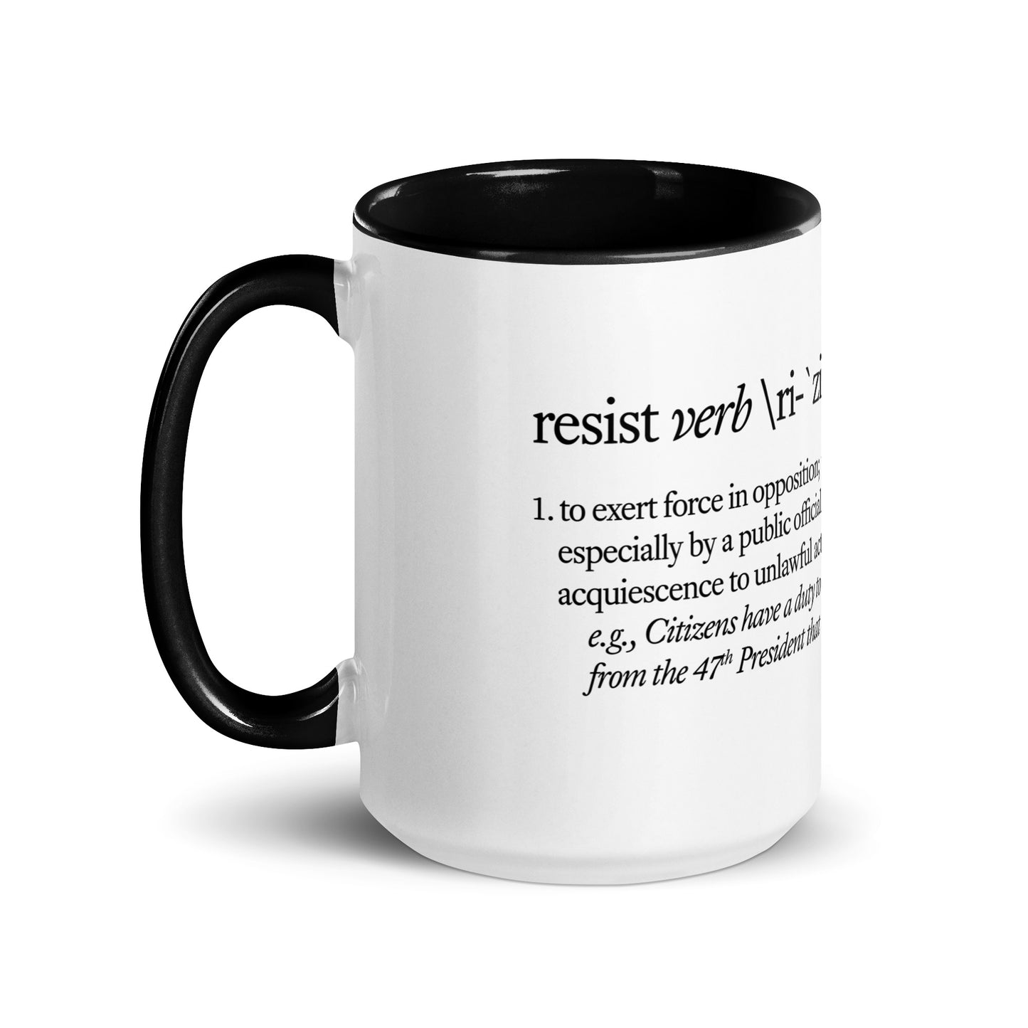 Blue mug with “Resist Definition” graphic, front view