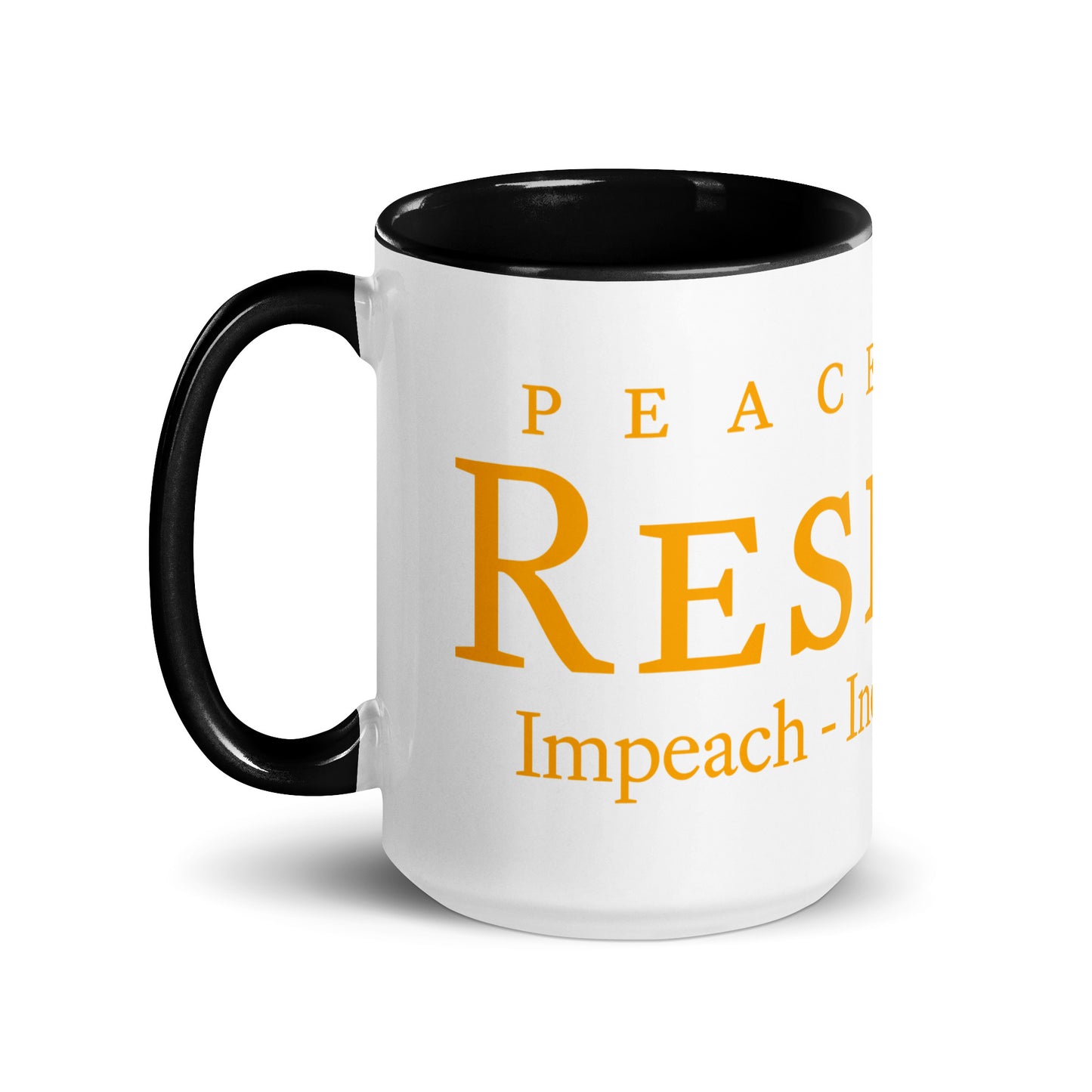 Black mug with “Resist47 Logo” graphic, front view