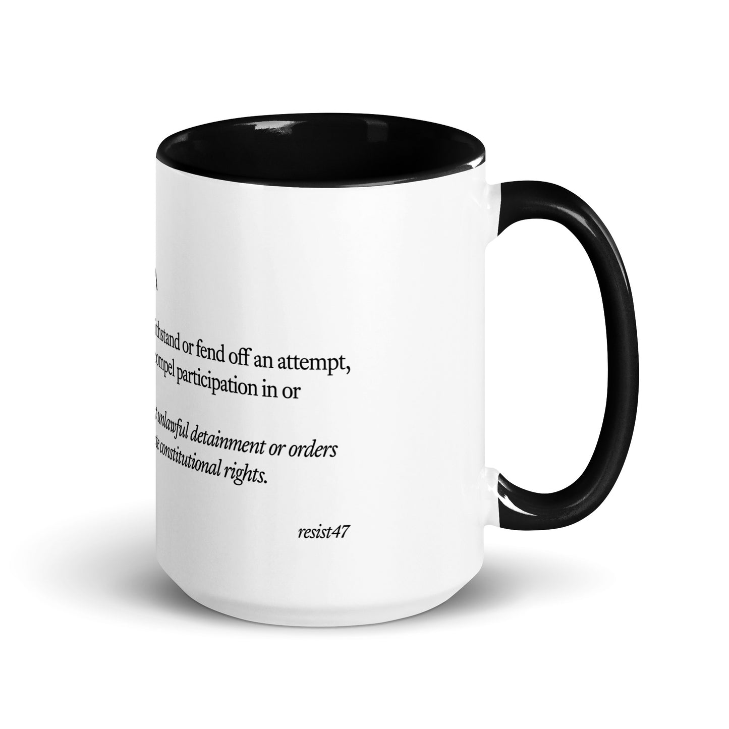 Dark green mug with “Resist Definition” graphic, front view