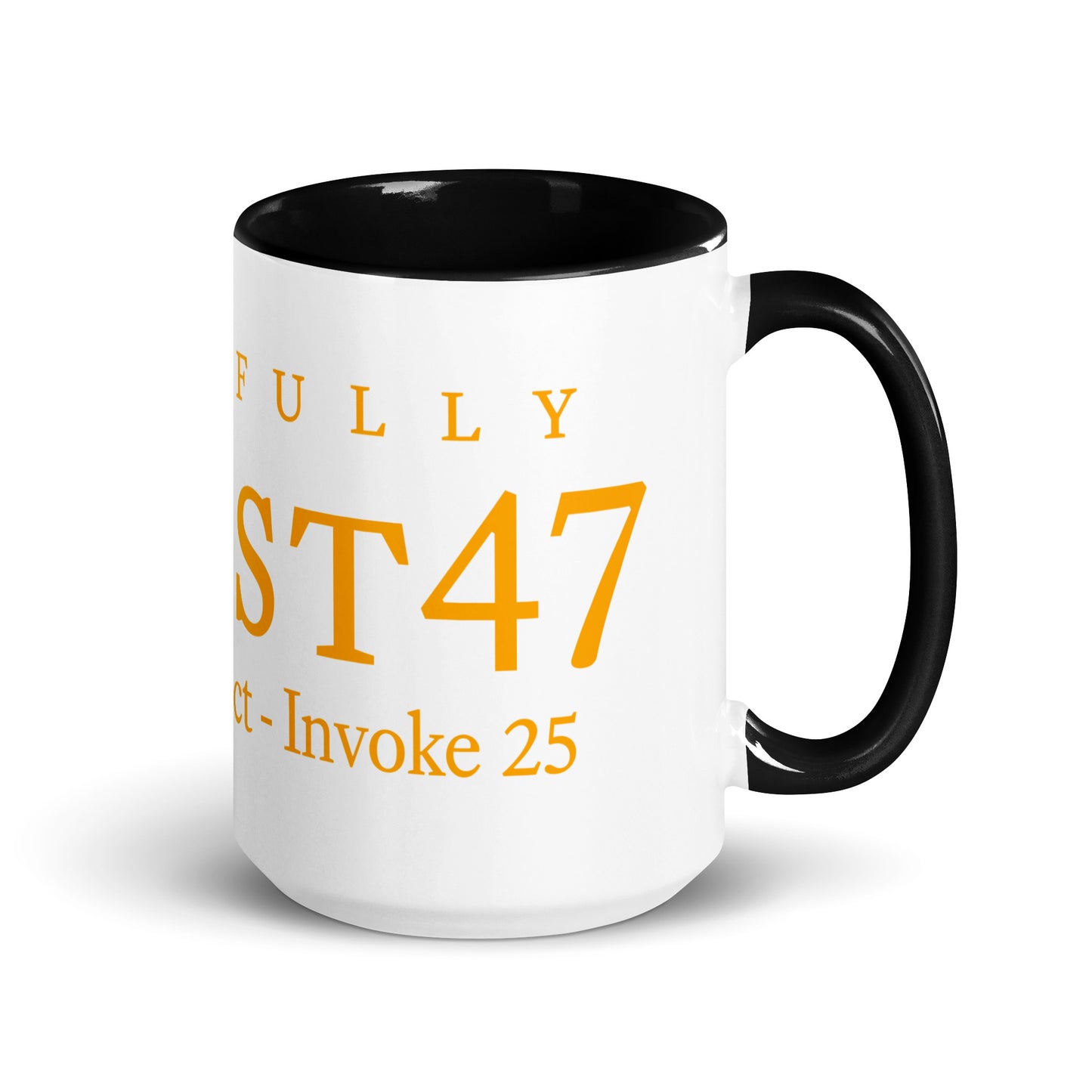 Yellow mug with “Resist47 Logo” graphic, front view