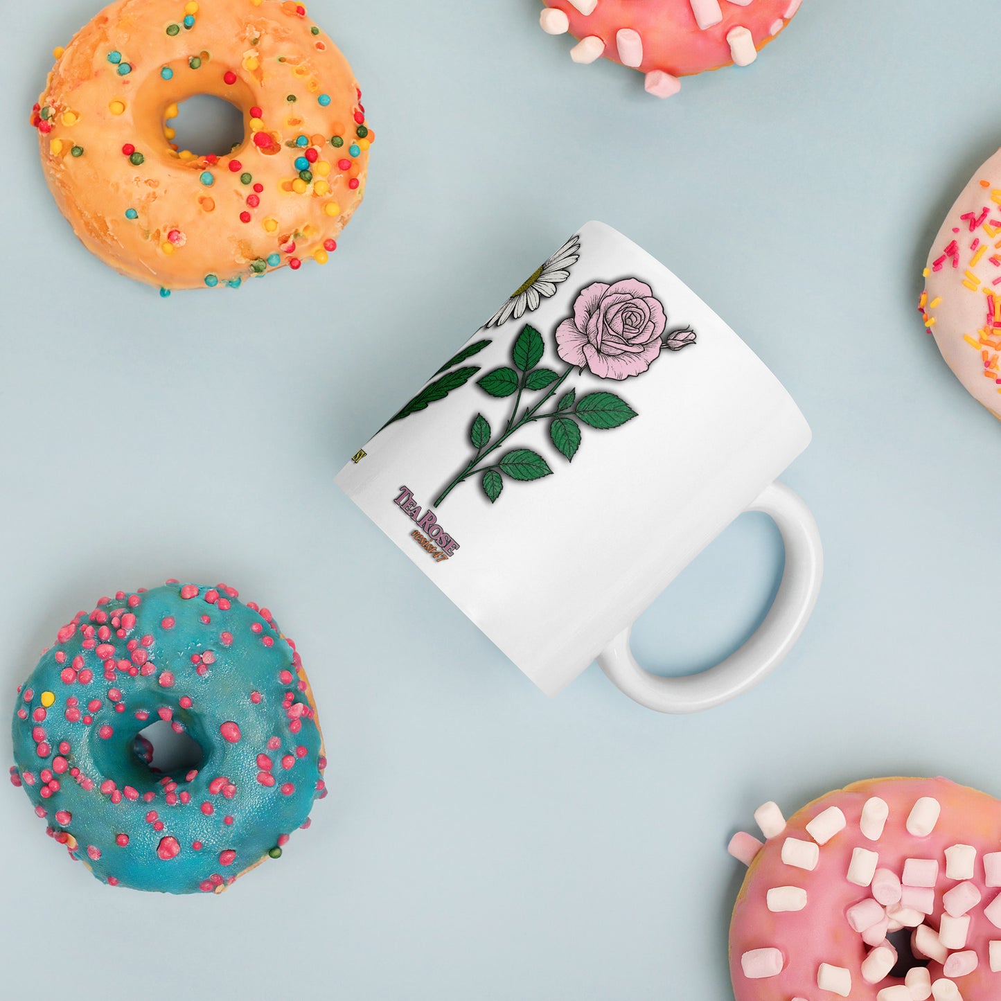 mug with “FDT Flowers Protest” graphic, front view