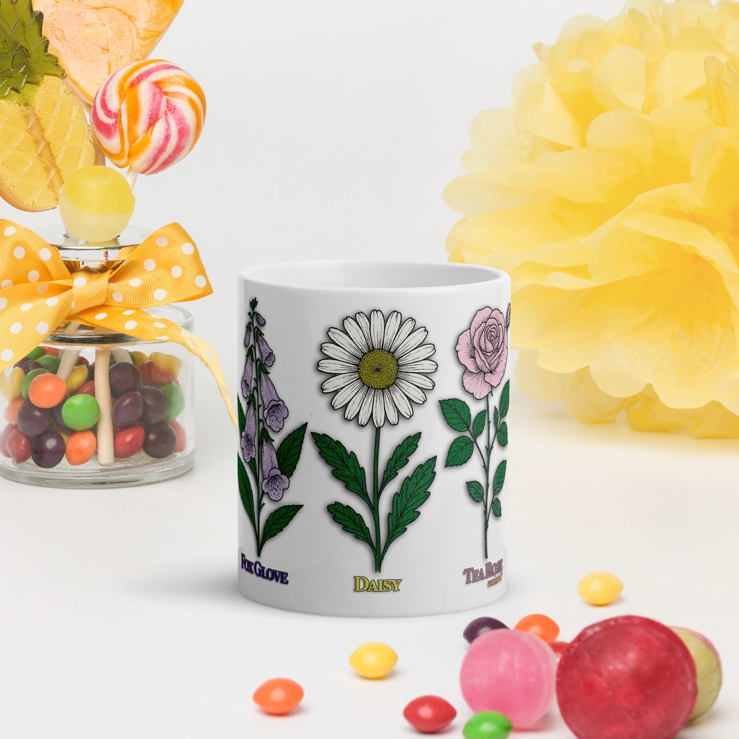 11 oz mug with “FDT Flowers Protest” graphic, front view