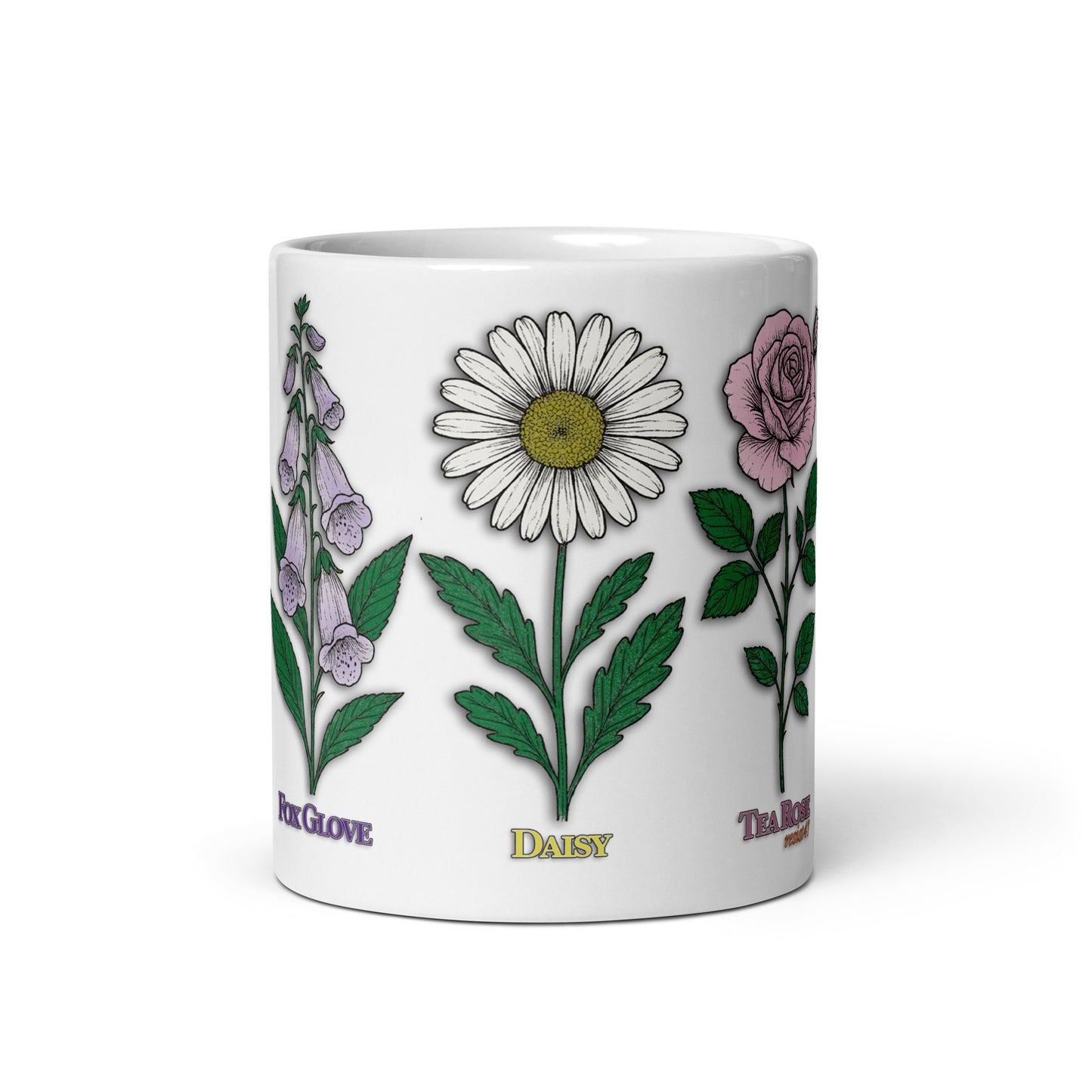 15 oz mug with “FDT Flowers Protest” graphic, front view