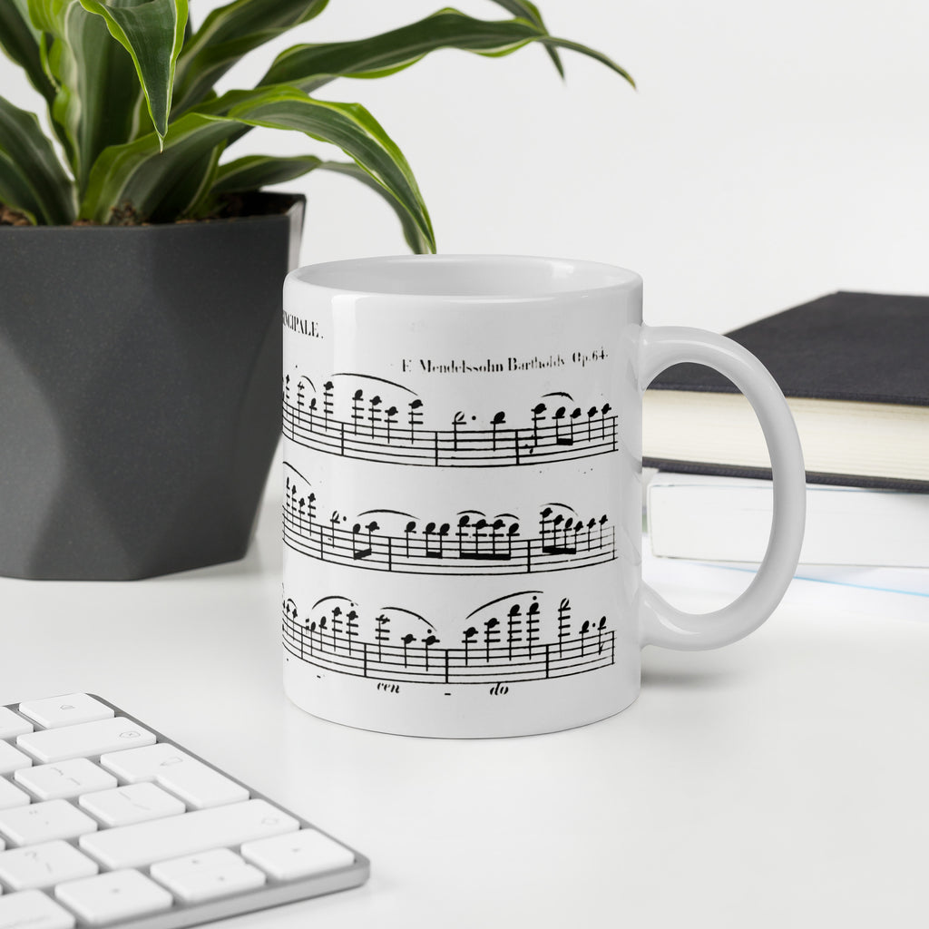 Ceramic mug with Mendelssohn violin concerto manuscript print, front view