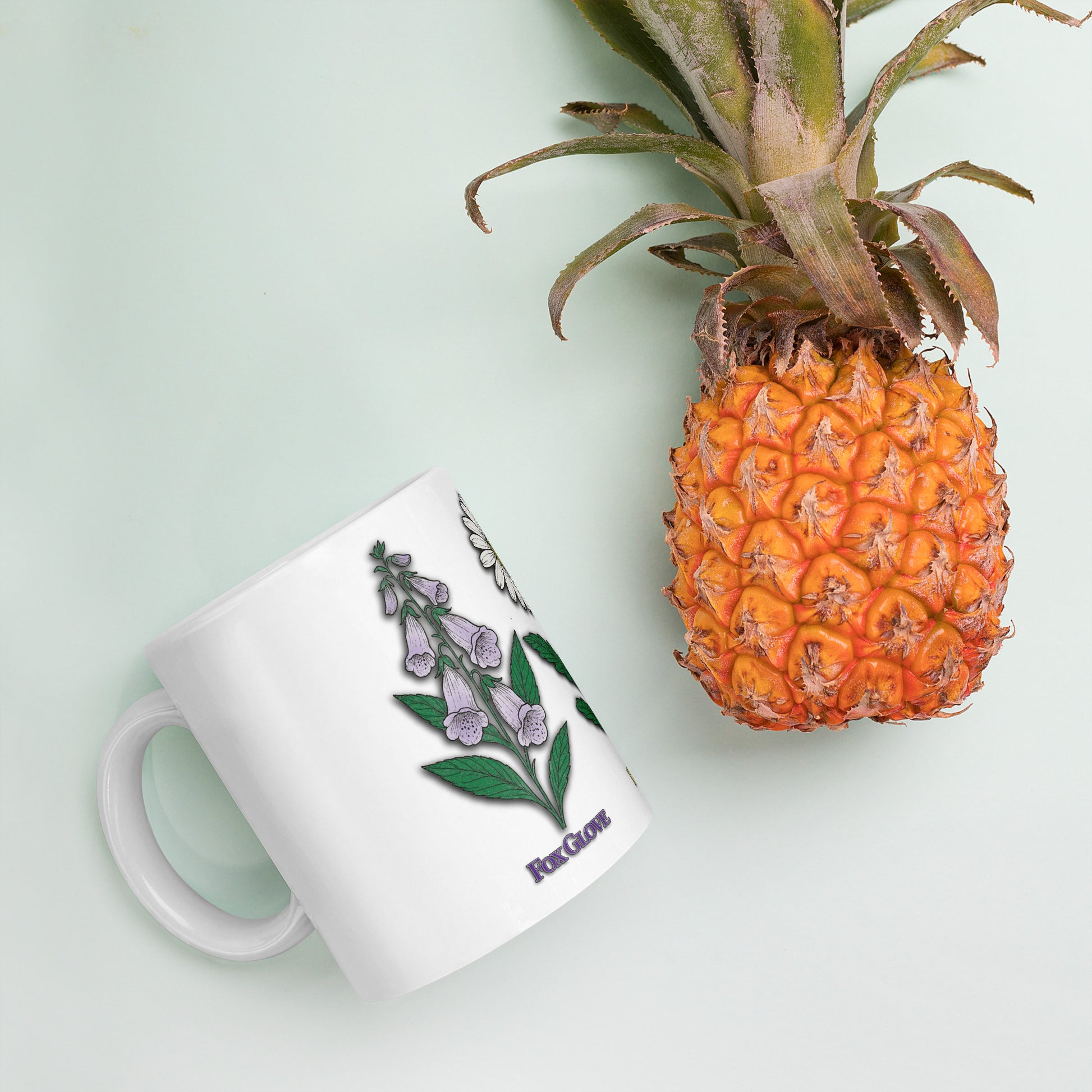 mug with “FDT Flowers Protest” graphic, front view