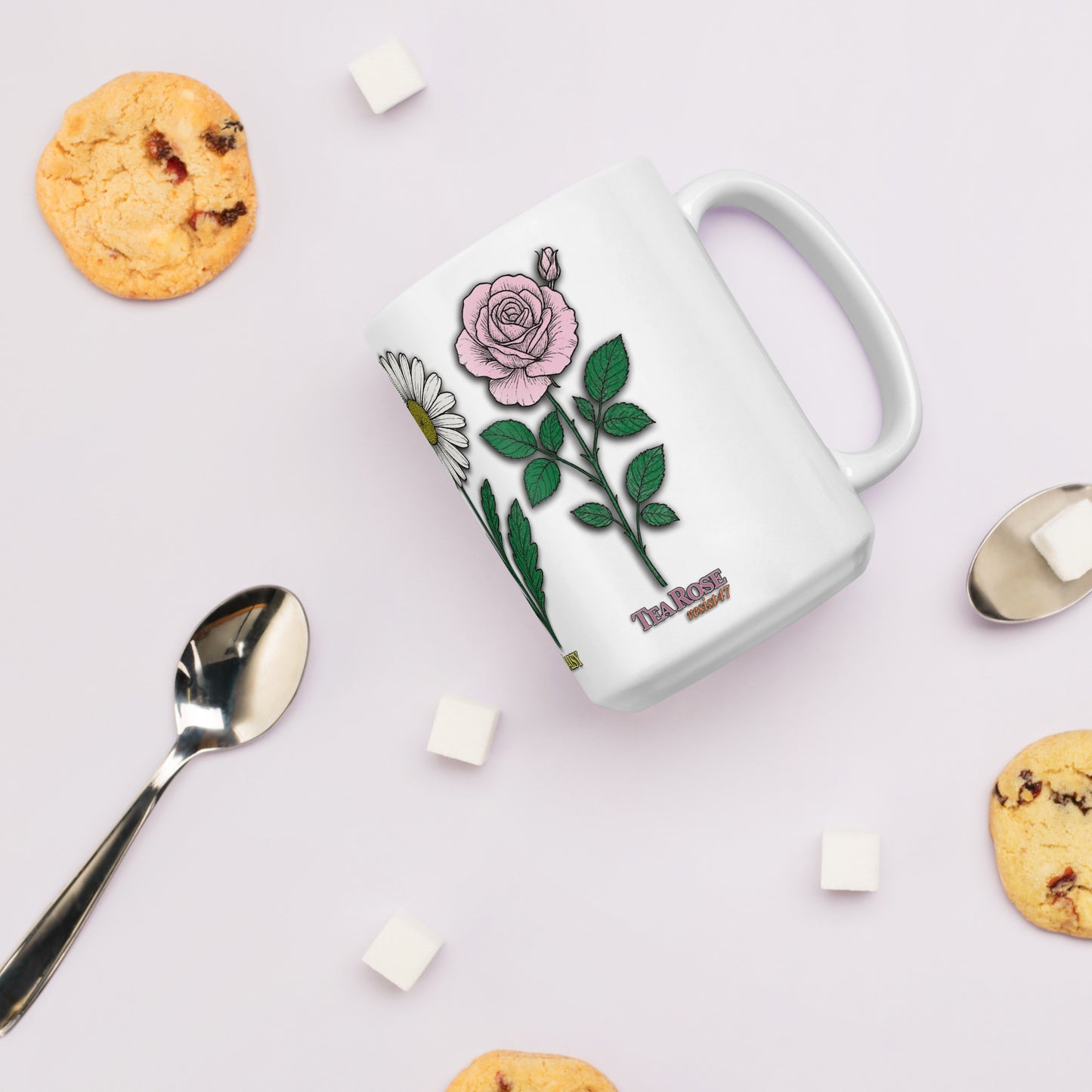 mug with “FDT Flowers Protest” graphic, front view