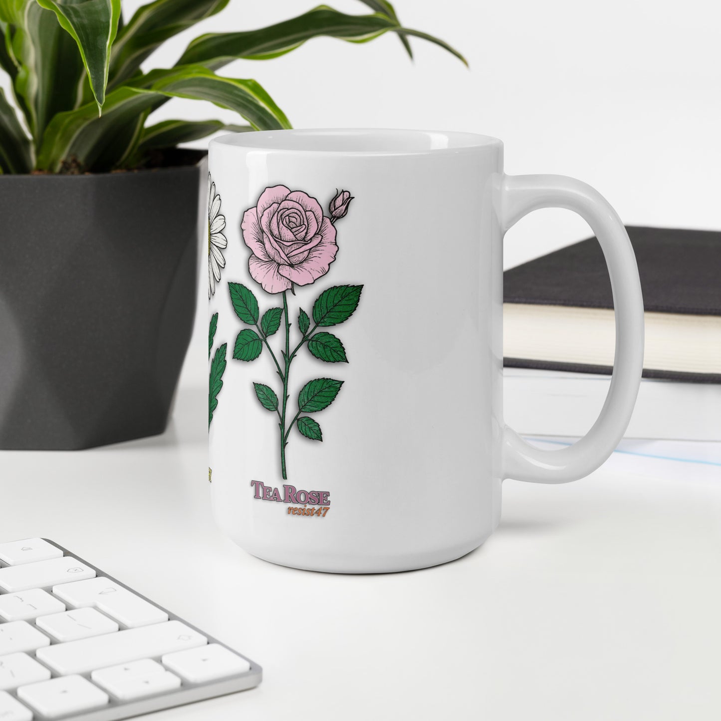 20 oz mug with “FDT Flowers Protest” graphic, front view