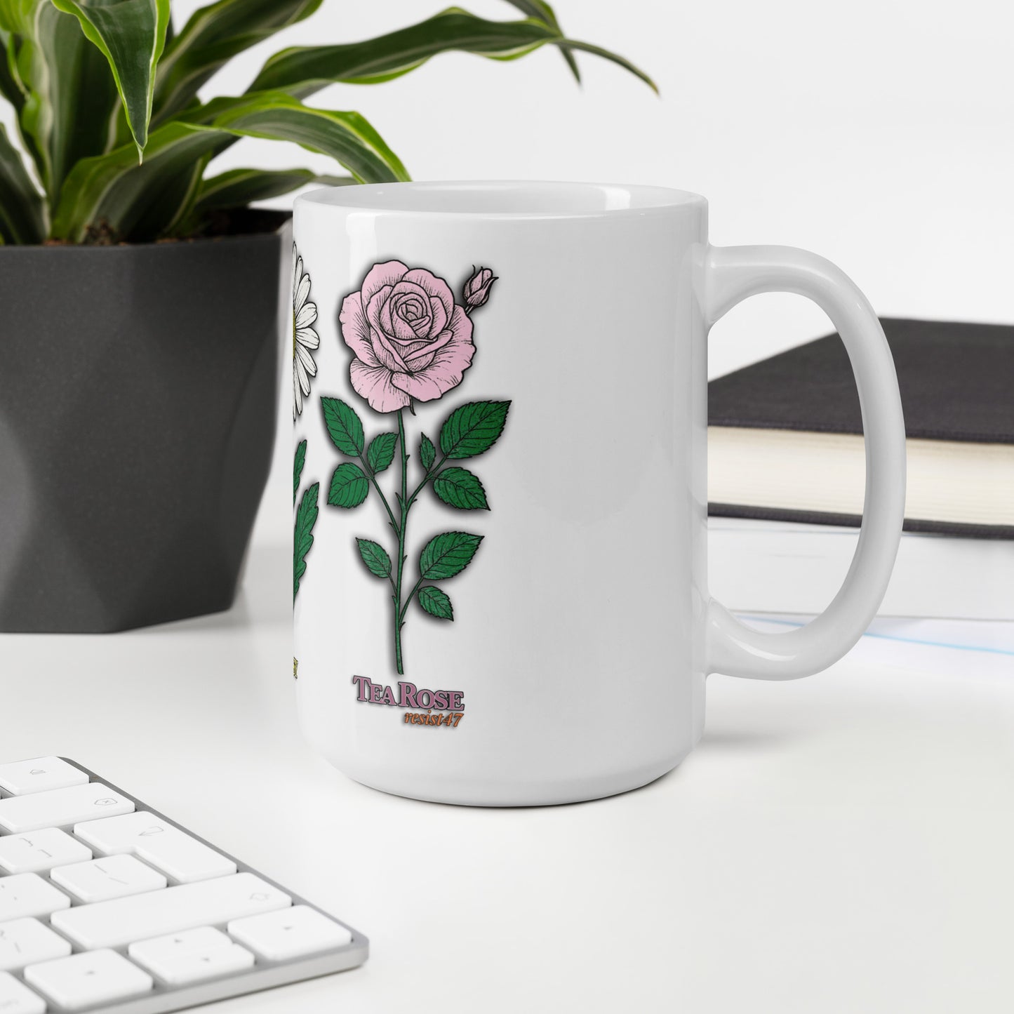 mug with “FDT Flowers Protest” graphic, front view