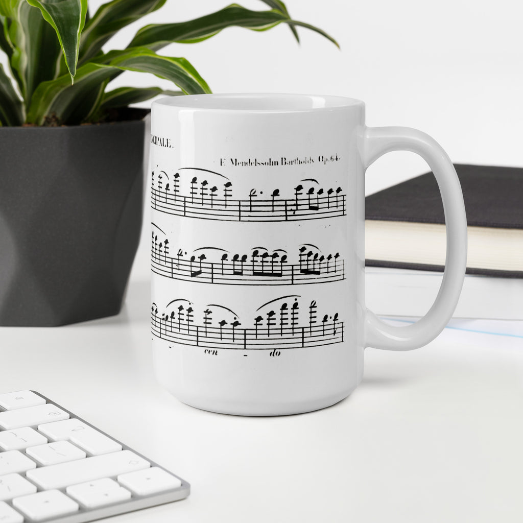 Ceramic mug with Mendelssohn violin concerto manuscript print, front view