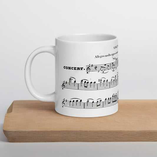 ceramic mug with Mendelssohn violin concerto manuscript print, front view