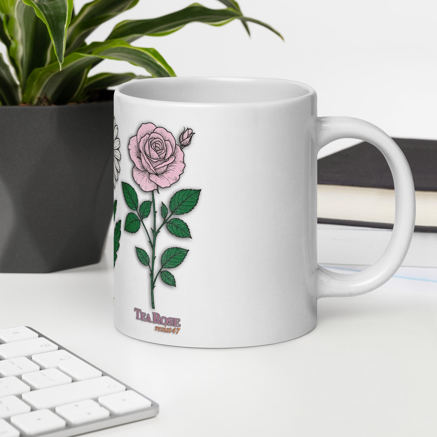 mug with “FDT Flowers Protest” graphic, front view