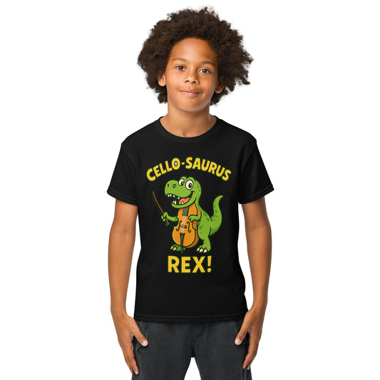 Unisex T-shirt with Cello-Saurus Rex dinosaur cello graphic, front view