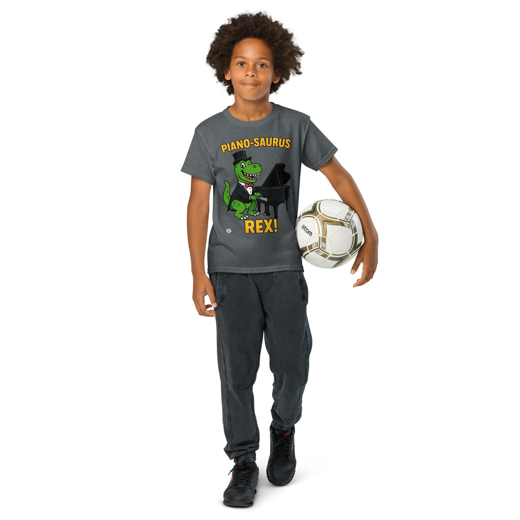 unisex T-shirt with Piano-Saurus Rex dinosaur piano graphic, front view
