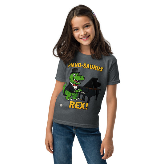 unisex T-shirt with Piano-Saurus Rex dinosaur piano graphic, front view
